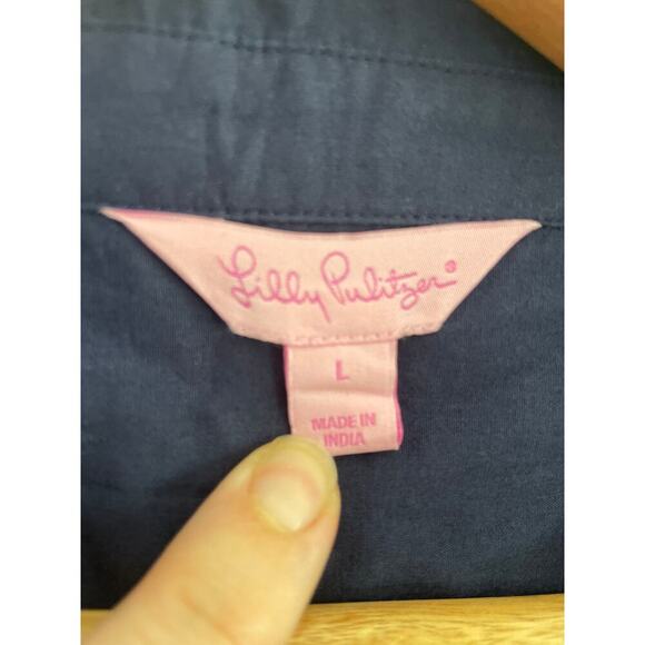 Lilly Pulitzer Navy Cotton Shirt Dress, roll tab sleeves Women’s Large - Picture 2 of 8